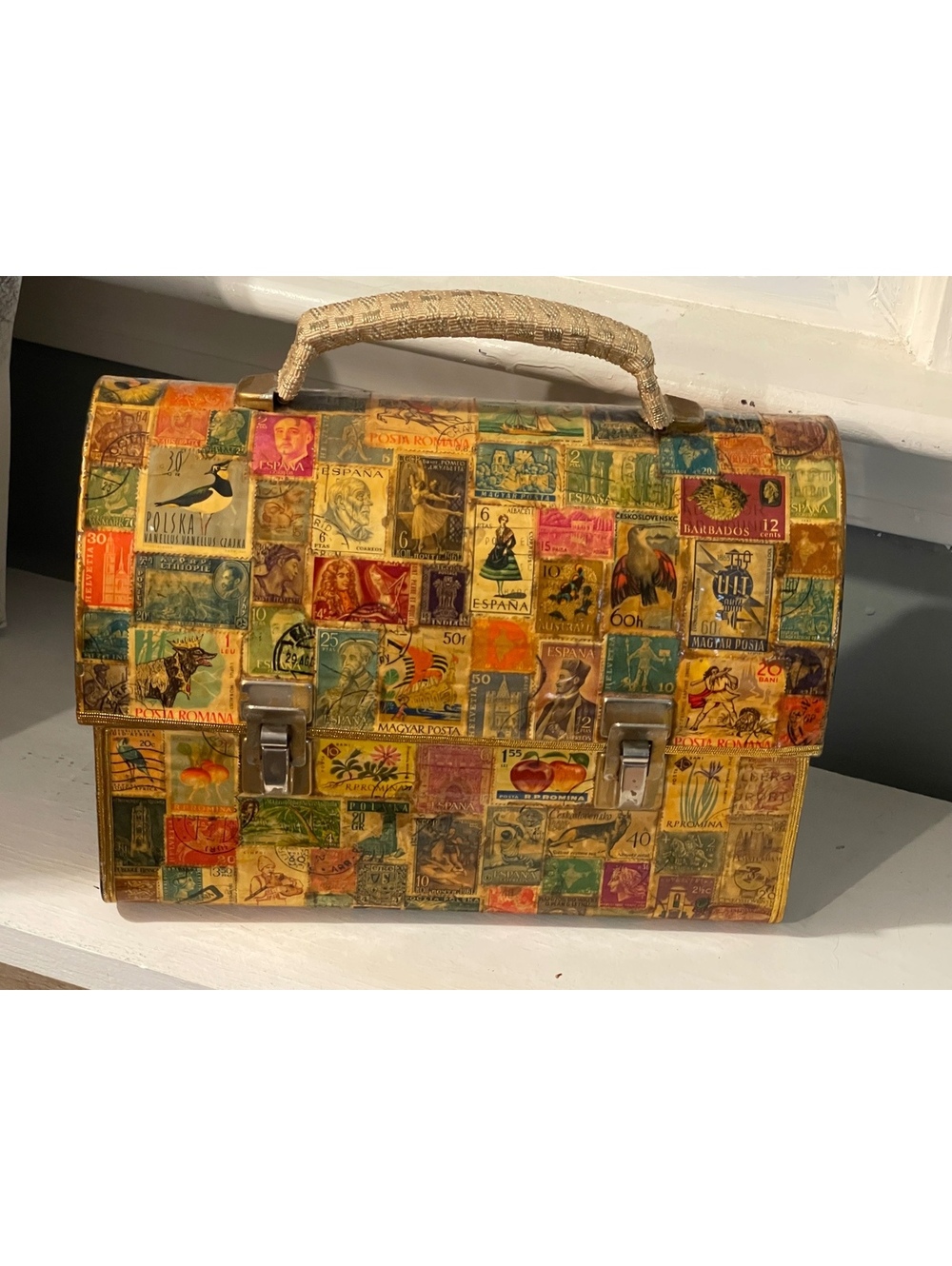 Vintage International Postage Stamp Decoupage Box Purse